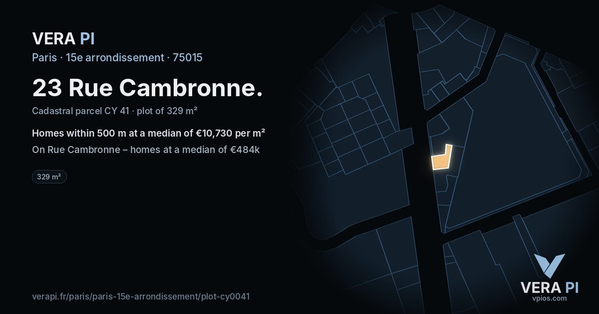 23 Rue Cambronne, 15e arrondissement at night – the plot lit, the parcels around coloured by the prices near them