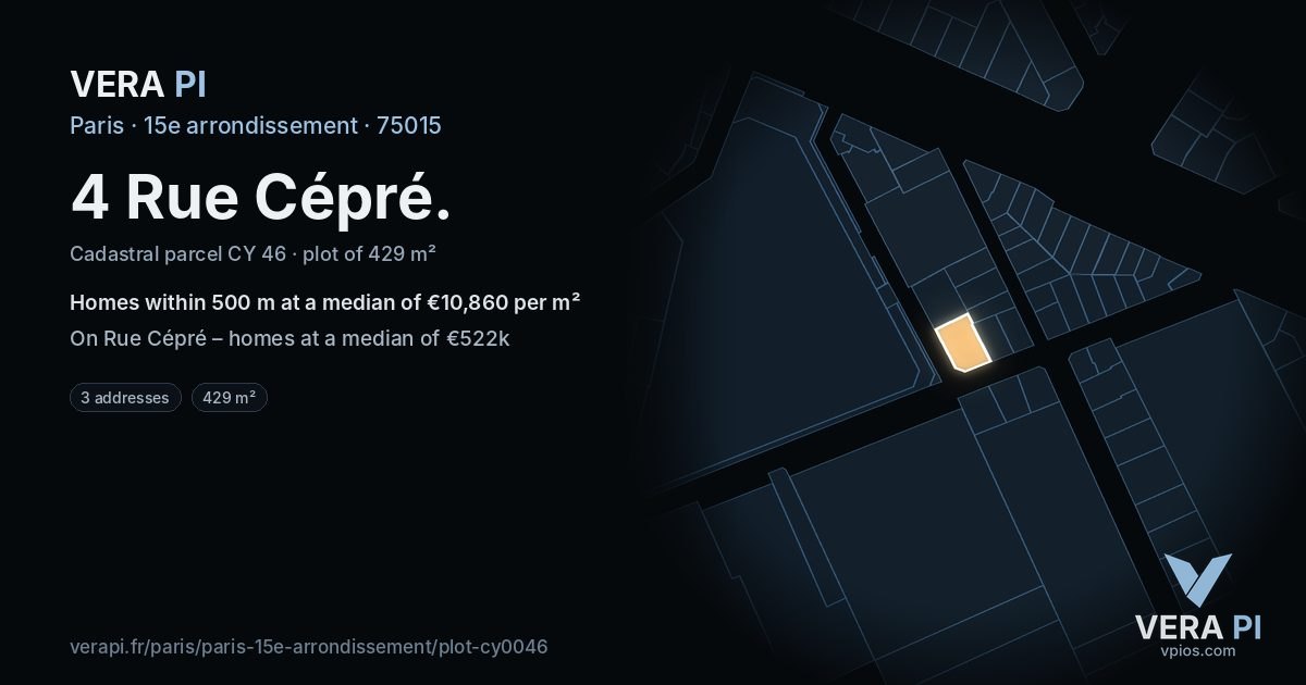 4 Rue Cépré, 15e arrondissement at night – the plot lit, the parcels around coloured by the prices near them