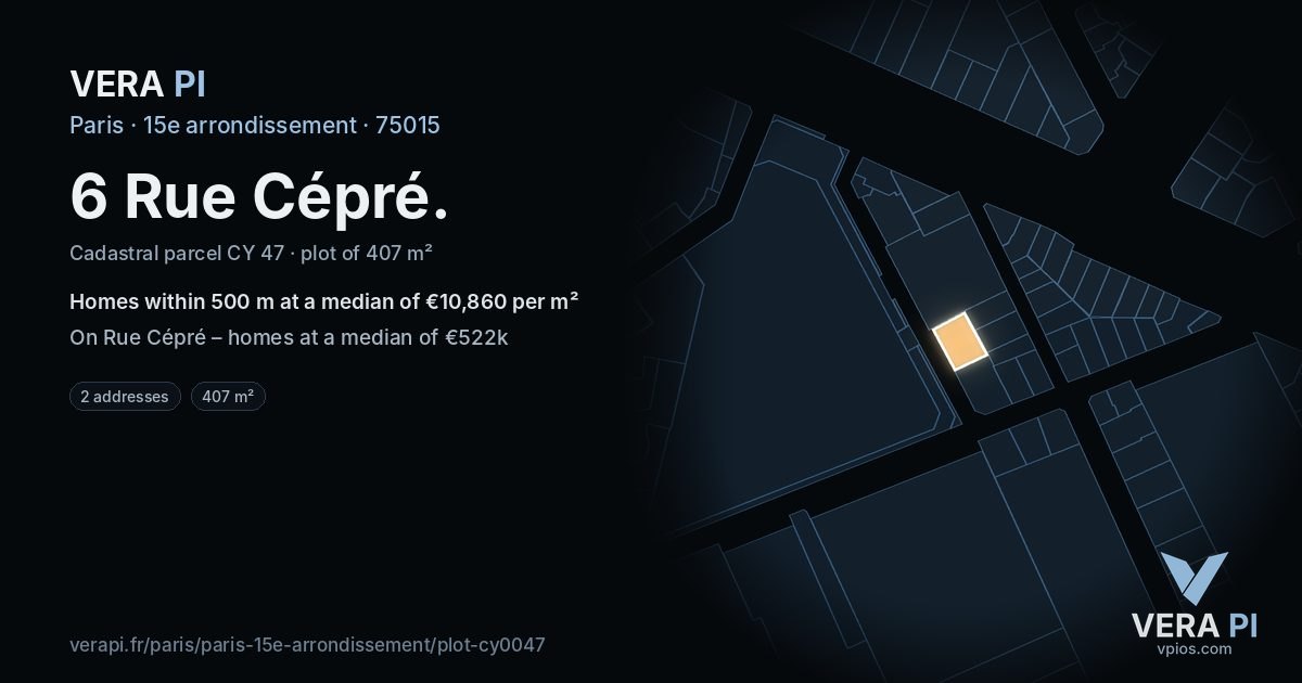 6 Rue Cépré, 15e arrondissement at night – the plot lit, the parcels around coloured by the prices near them