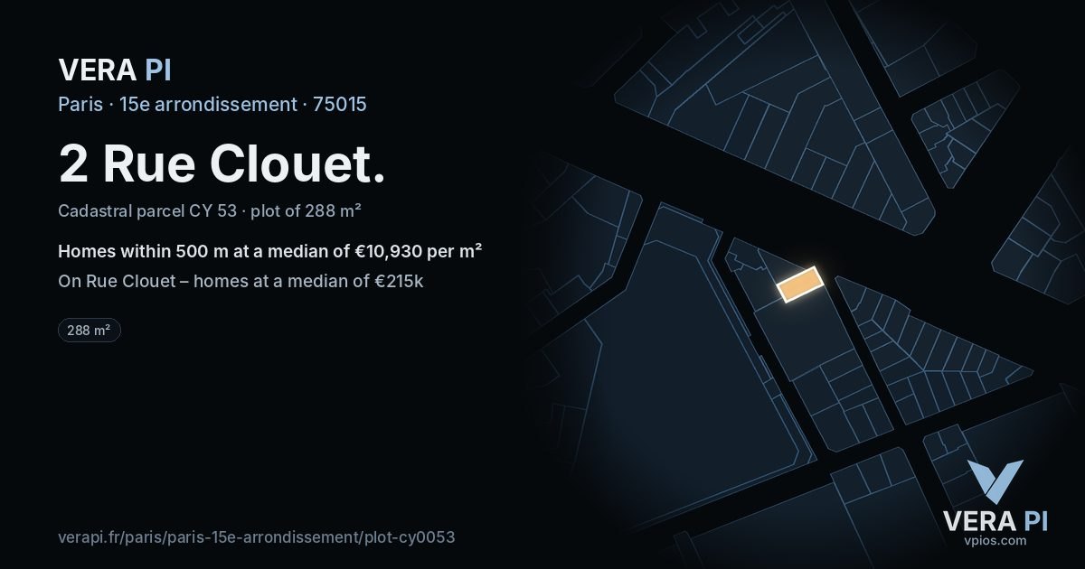 2 Rue Clouet, 15e arrondissement at night – the plot lit, the parcels around coloured by the prices near them