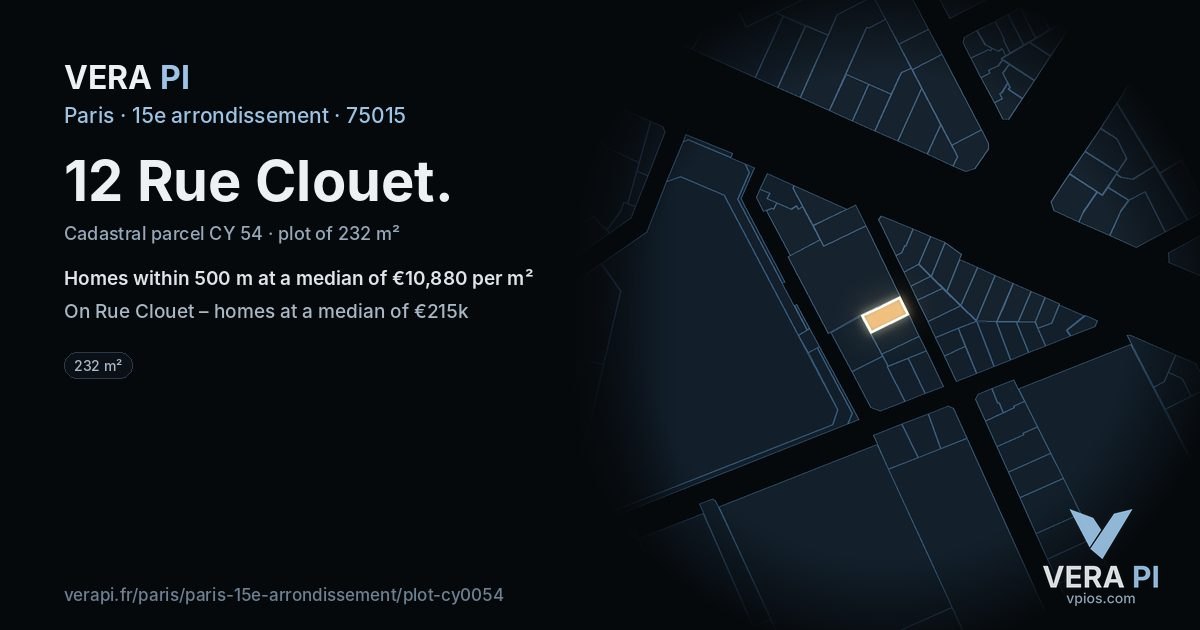 12 Rue Clouet, 15e arrondissement at night – the plot lit, the parcels around coloured by the prices near them