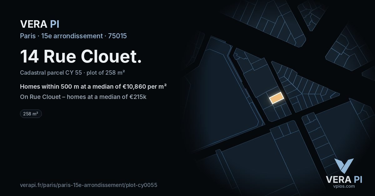 14 Rue Clouet, 15e arrondissement at night – the plot lit, the parcels around coloured by the prices near them