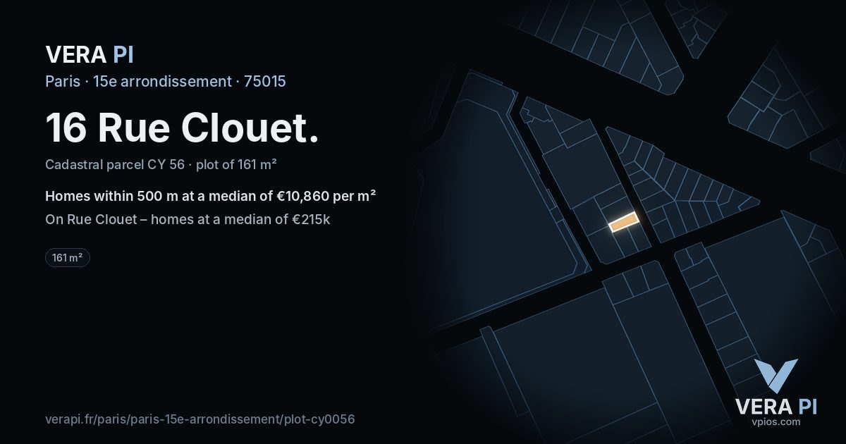 16 Rue Clouet, 15e arrondissement at night – the plot lit, the parcels around coloured by the prices near them