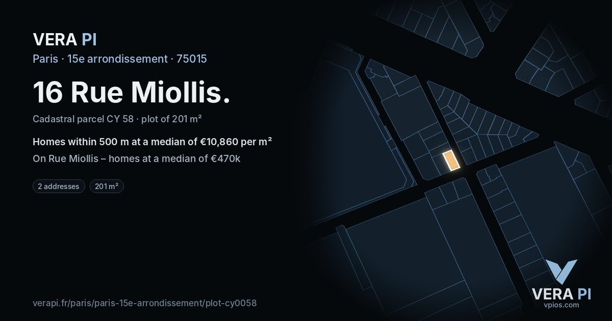 16 Rue Miollis, 15e arrondissement at night – the plot lit, the parcels around coloured by the prices near them