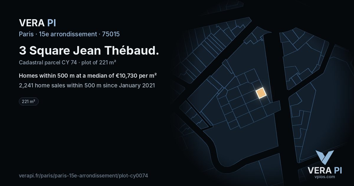 3 Square Jean Thébaud, 15e arrondissement at night – the plot lit, the parcels around coloured by the prices near them