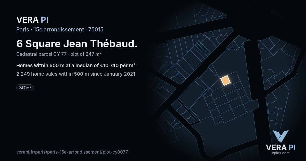 6 Square Jean Thébaud, 15e arrondissement at night – the plot lit, the parcels around coloured by the prices near them