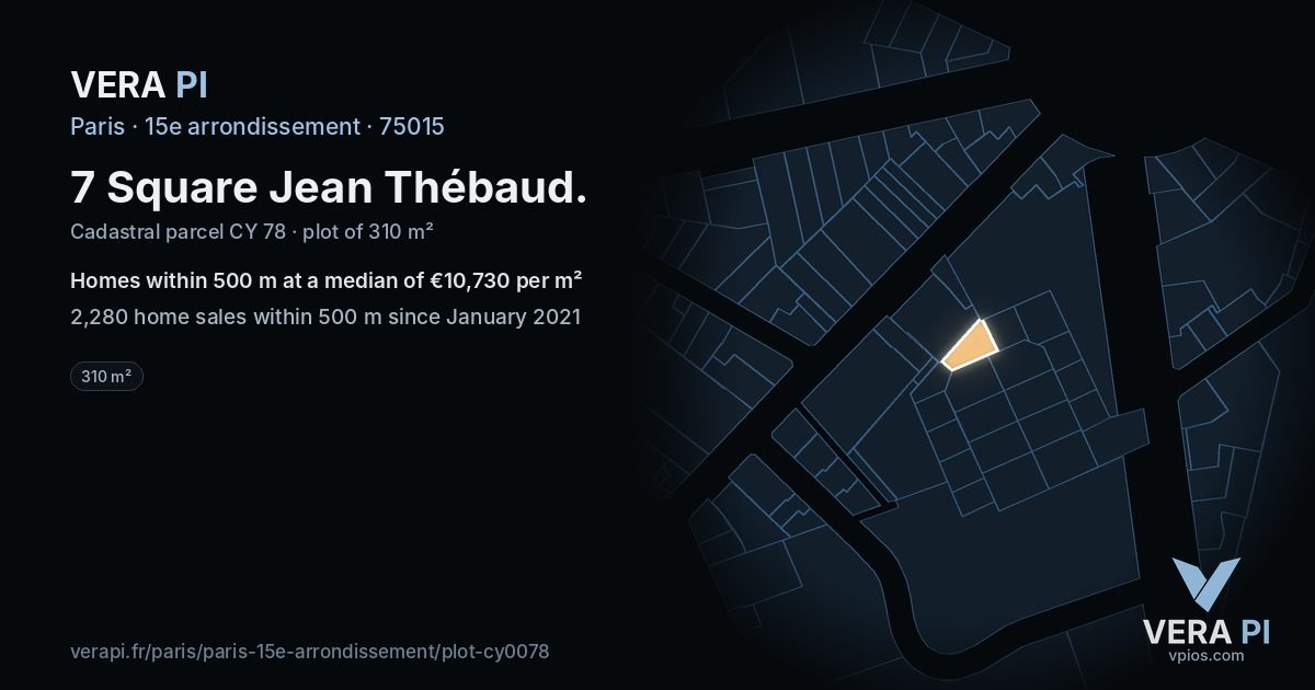 7 Square Jean Thébaud, 15e arrondissement at night – the plot lit, the parcels around coloured by the prices near them