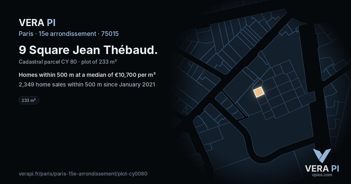 9 Square Jean Thébaud, 15e arrondissement at night – the plot lit, the parcels around coloured by the prices near them