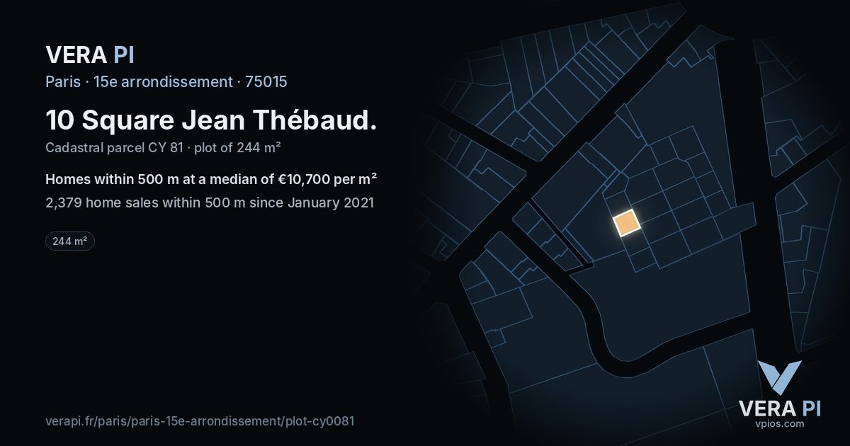 10 Square Jean Thébaud, 15e arrondissement at night – the plot lit, the parcels around coloured by the prices near them
