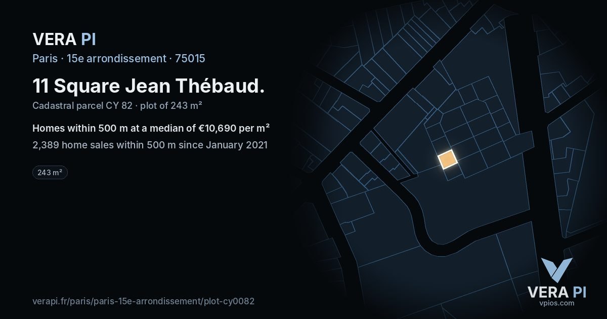 11 Square Jean Thébaud, 15e arrondissement at night – the plot lit, the parcels around coloured by the prices near them