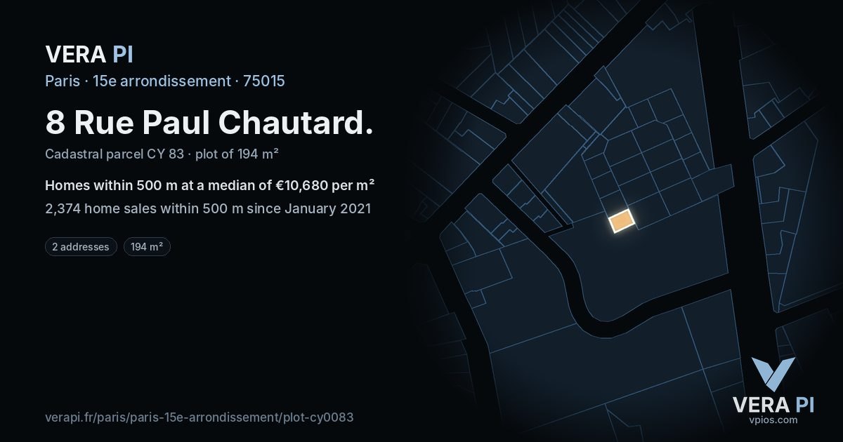 8 Rue Paul Chautard, 15e arrondissement at night – the plot lit, the parcels around coloured by the prices near them