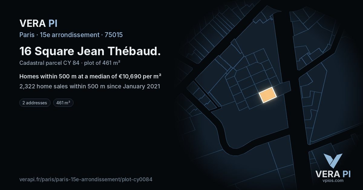 16 Square Jean Thébaud, 15e arrondissement at night – the plot lit, the parcels around coloured by the prices near them
