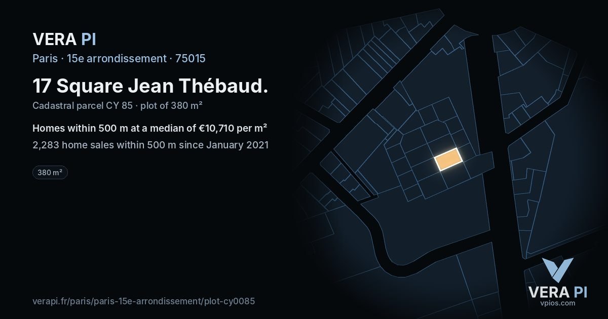 17 Square Jean Thébaud, 15e arrondissement at night – the plot lit, the parcels around coloured by the prices near them