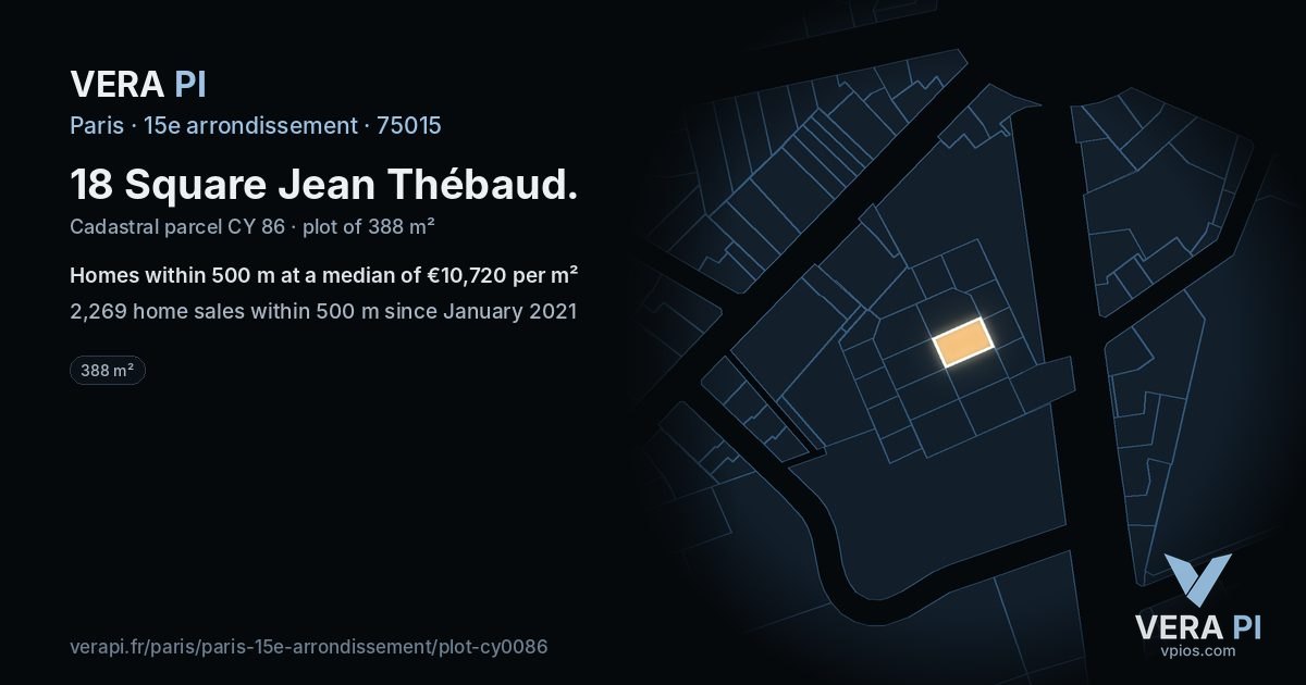 18 Square Jean Thébaud, 15e arrondissement at night – the plot lit, the parcels around coloured by the prices near them