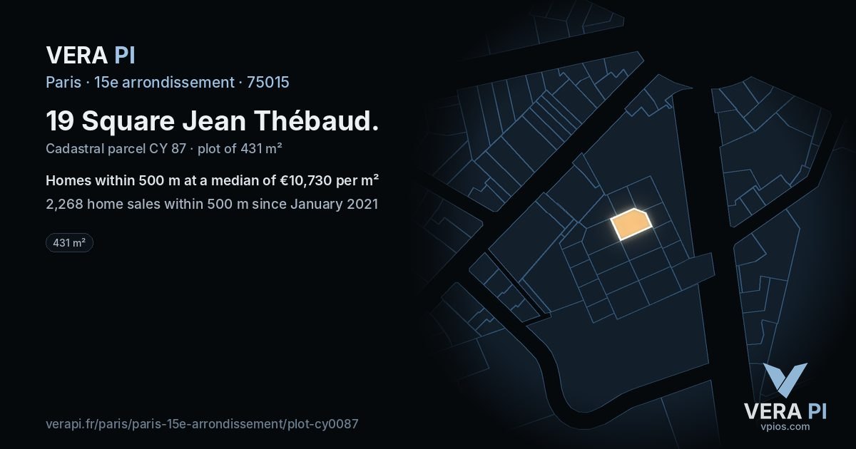 19 Square Jean Thébaud, 15e arrondissement at night – the plot lit, the parcels around coloured by the prices near them