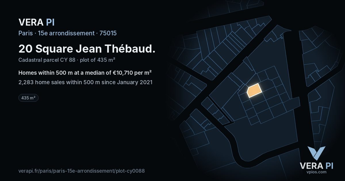 20 Square Jean Thébaud, 15e arrondissement at night – the plot lit, the parcels around coloured by the prices near them