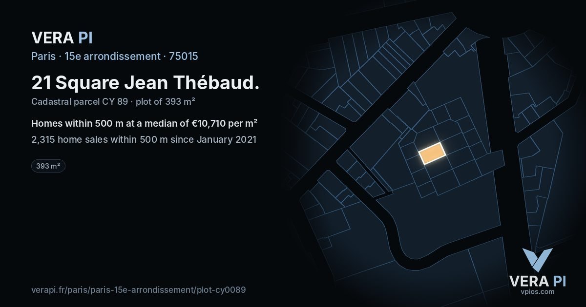21 Square Jean Thébaud, 15e arrondissement at night – the plot lit, the parcels around coloured by the prices near them