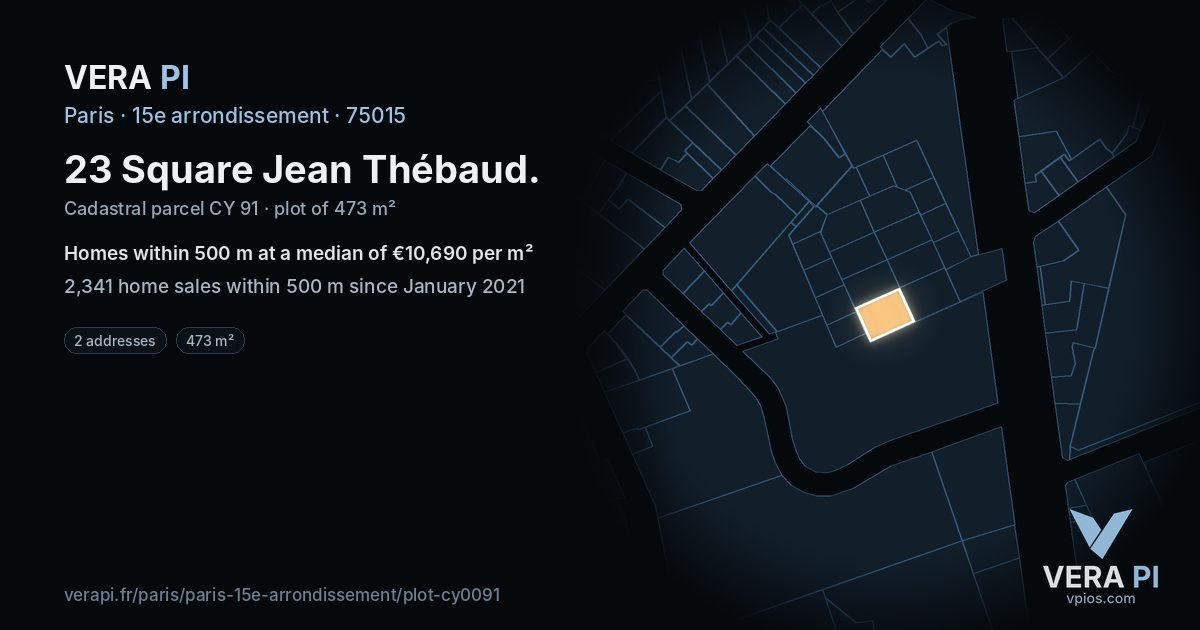 23 Square Jean Thébaud, 15e arrondissement at night – the plot lit, the parcels around coloured by the prices near them