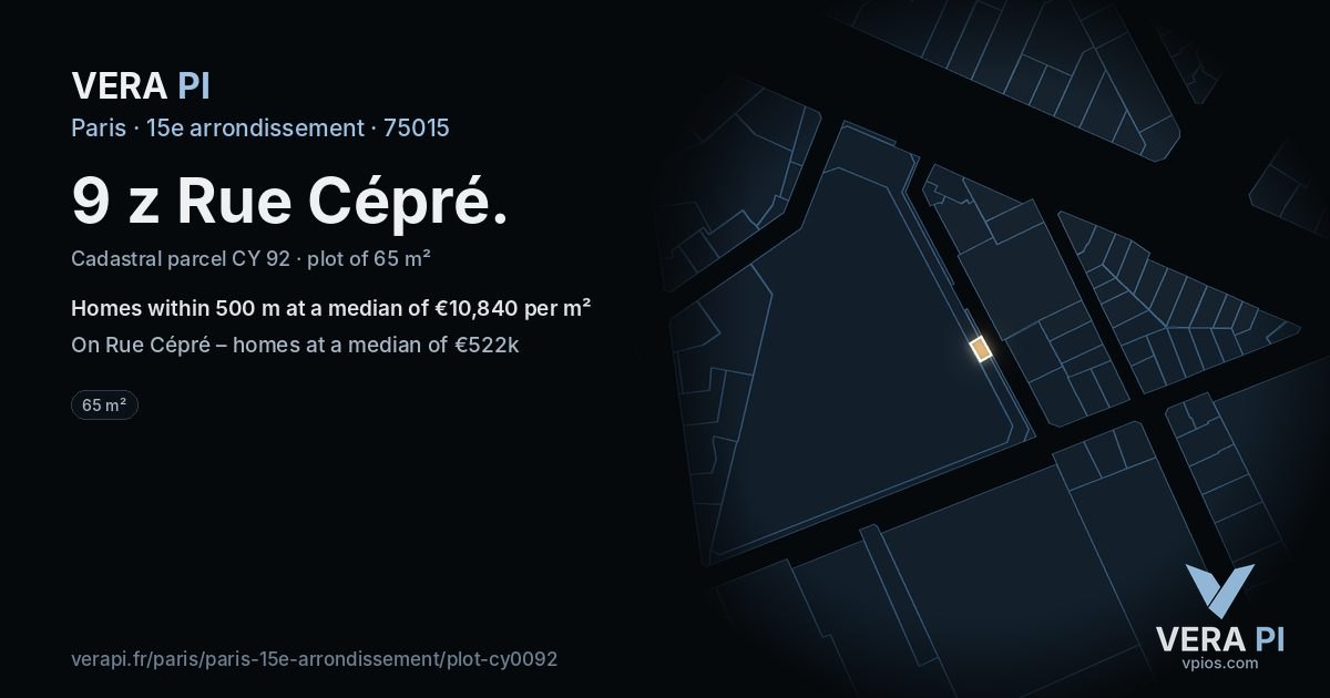 9 z Rue Cépré, 15e arrondissement at night – the plot lit, the parcels around coloured by the prices near them