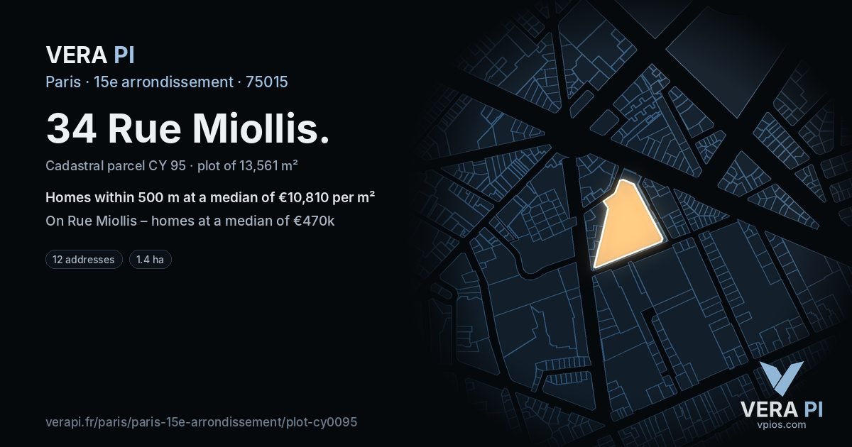 34 Rue Miollis, 15e arrondissement at night – the plot lit, the parcels around coloured by the prices near them