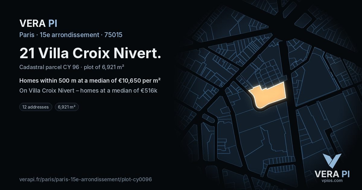21 Villa Croix Nivert, 15e arrondissement at night – the plot lit, the parcels around coloured by the prices near them