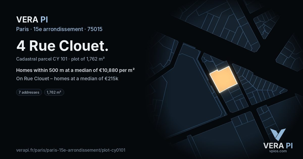 4 Rue Clouet, 15e arrondissement at night – the plot lit, the parcels around coloured by the prices near them