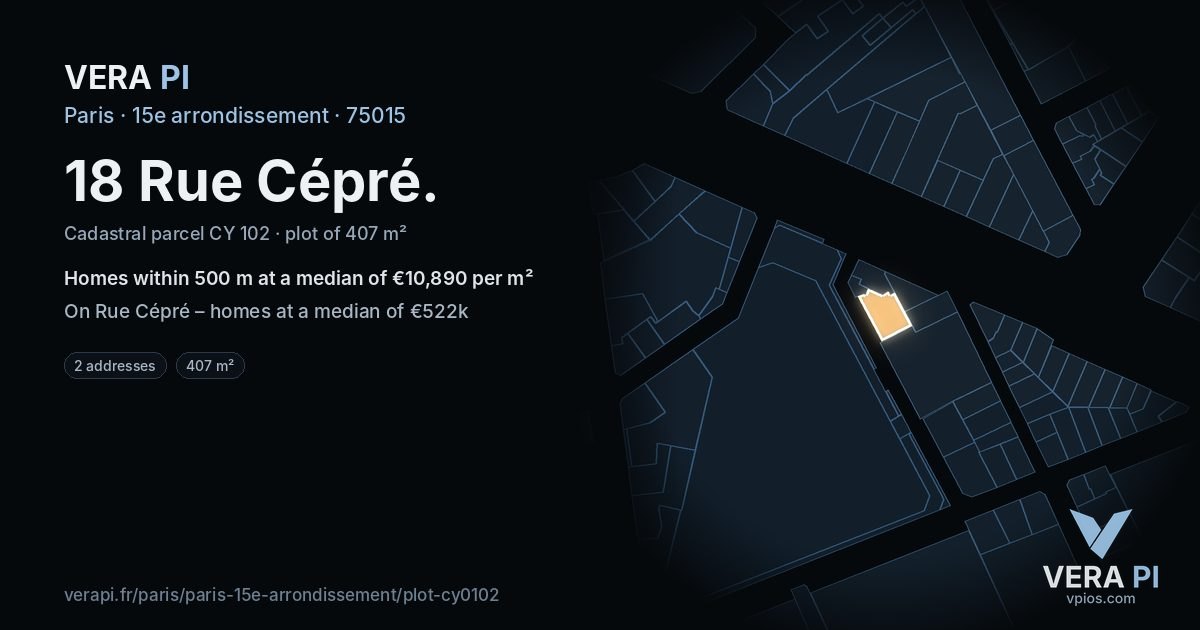 18 Rue Cépré, 15e arrondissement at night – the plot lit, the parcels around coloured by the prices near them