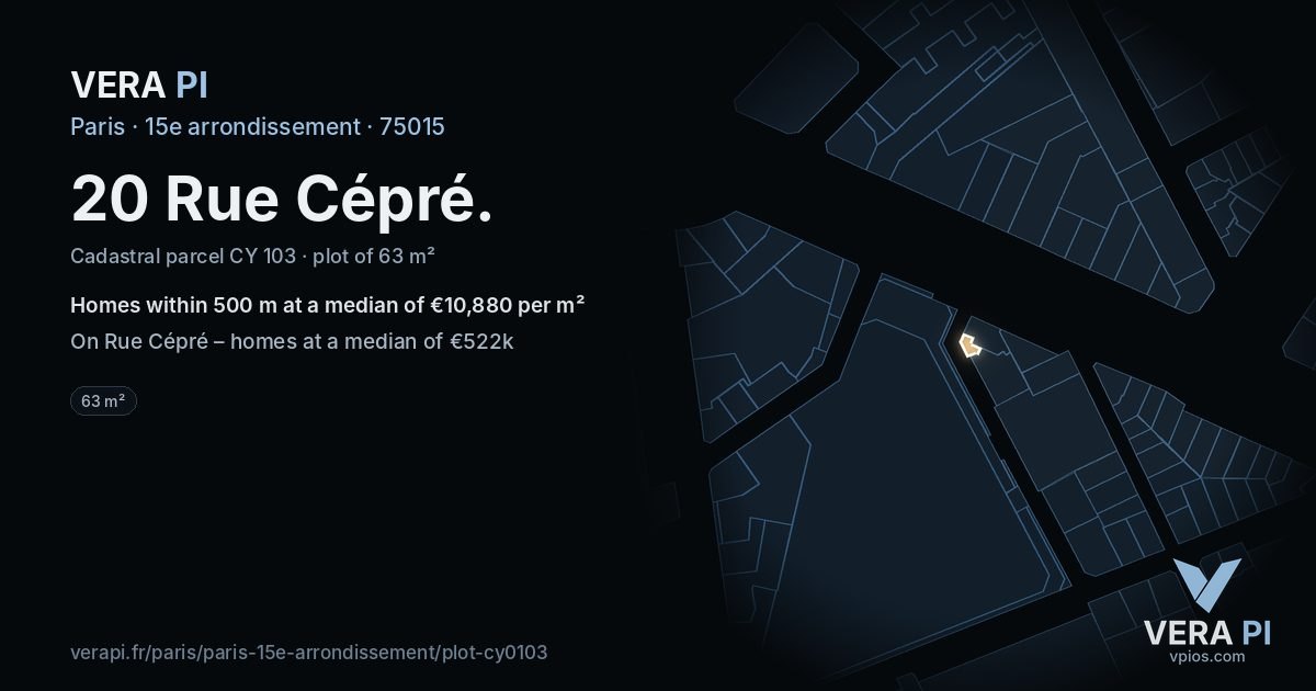 20 Rue Cépré, 15e arrondissement at night – the plot lit, the parcels around coloured by the prices near them