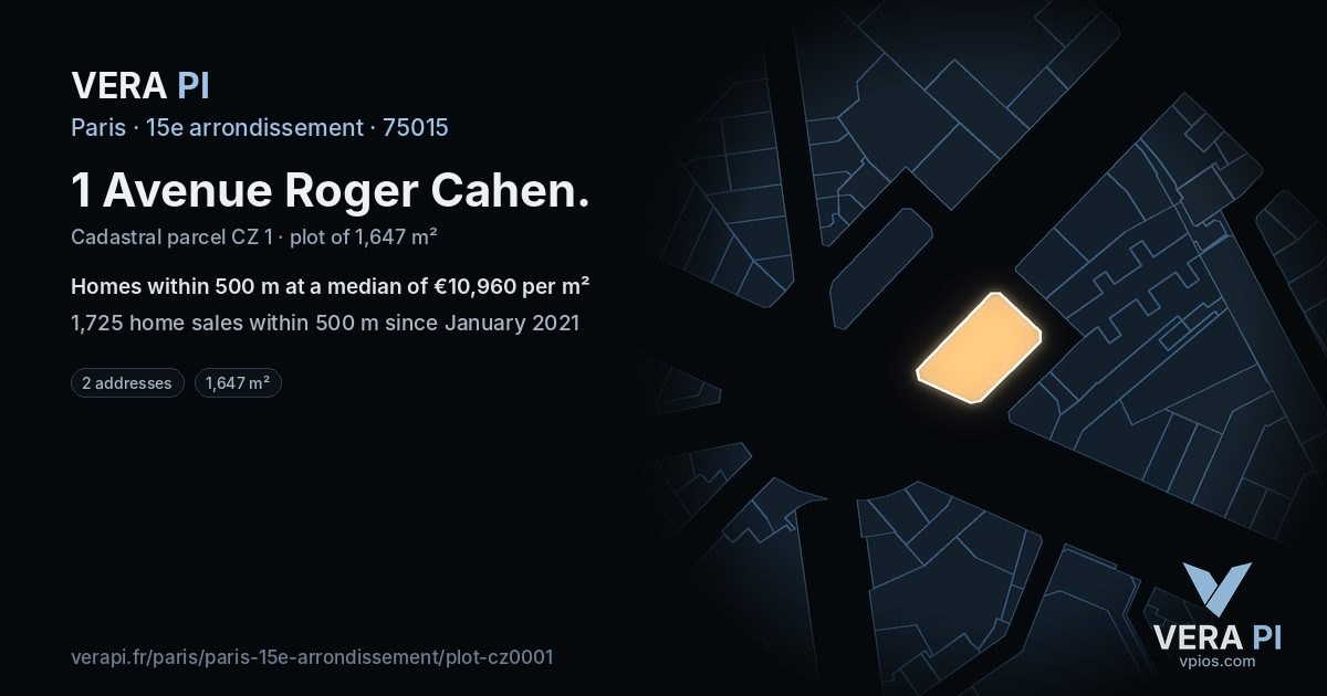 1 Avenue Roger Cahen, 15e arrondissement at night – the plot lit, the parcels around coloured by the prices near them
