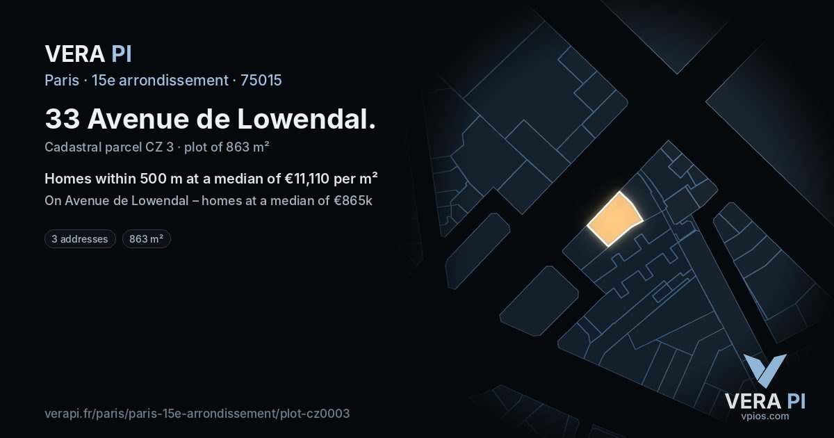 33 Avenue de Lowendal, 15e arrondissement at night – the plot lit, the parcels around coloured by the prices near them