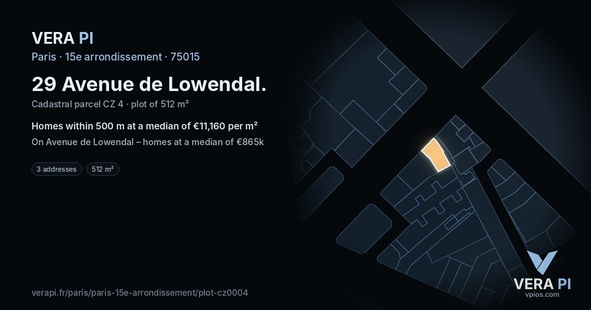 29 Avenue de Lowendal, 15e arrondissement at night – the plot lit, the parcels around coloured by the prices near them