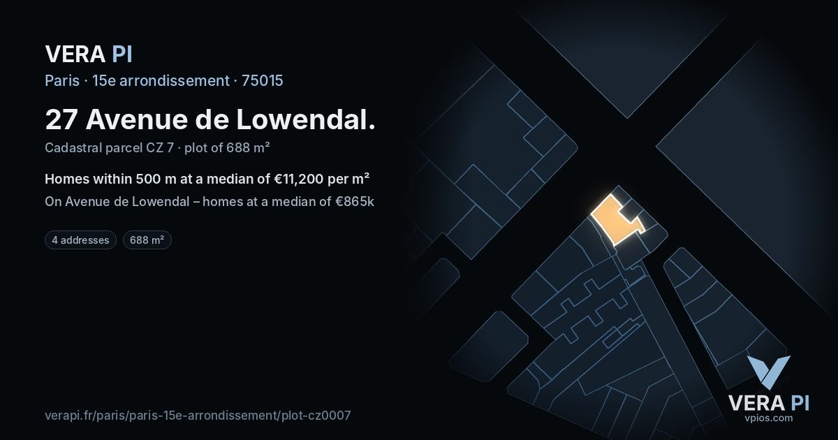 27 Avenue de Lowendal, 15e arrondissement at night – the plot lit, the parcels around coloured by the prices near them
