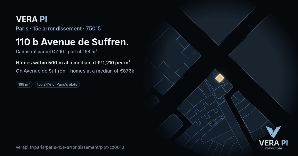 110 b Avenue de Suffren, 15e arrondissement at night – the plot lit, the parcels around coloured by the prices near them