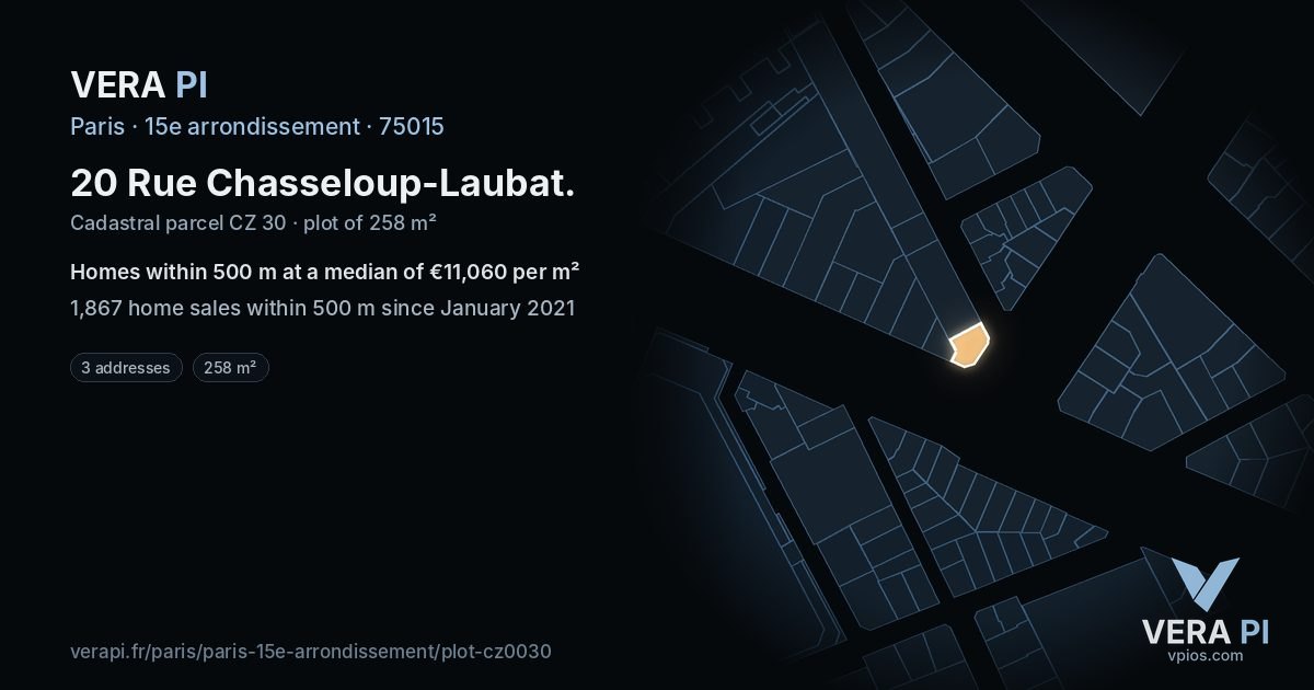20 Rue Chasseloup-Laubat, 15e arrondissement at night – the plot lit, the parcels around coloured by the prices near them