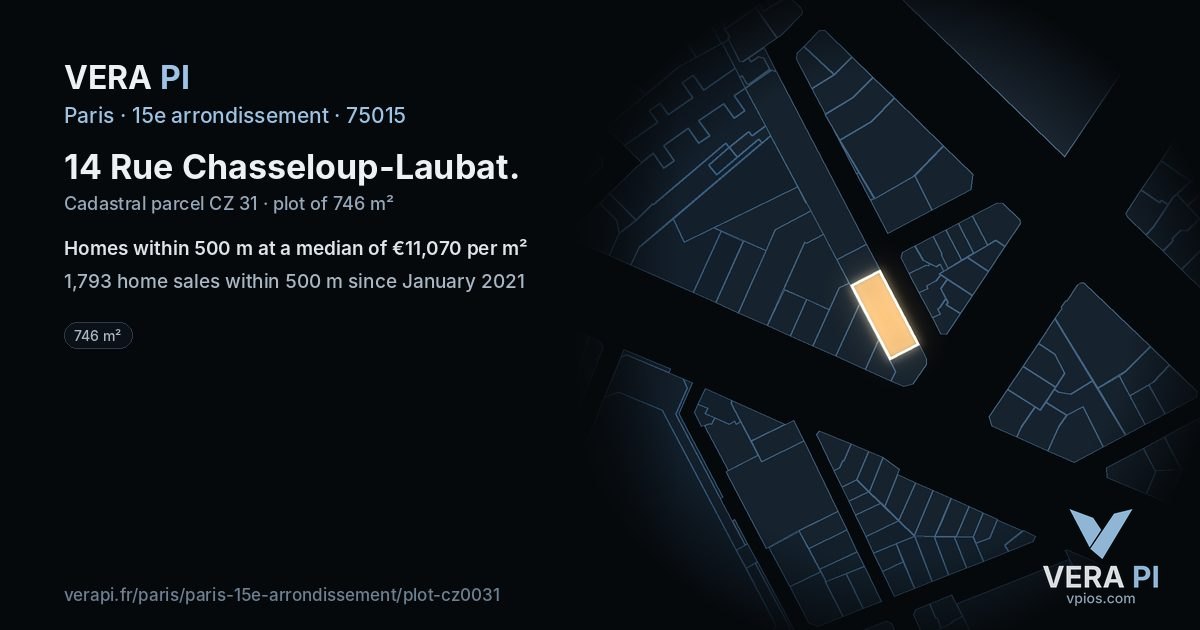 14 Rue Chasseloup-Laubat, 15e arrondissement at night – the plot lit, the parcels around coloured by the prices near them