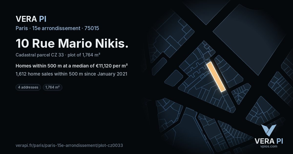 10 Rue Mario Nikis, 15e arrondissement at night – the plot lit, the parcels around coloured by the prices near them