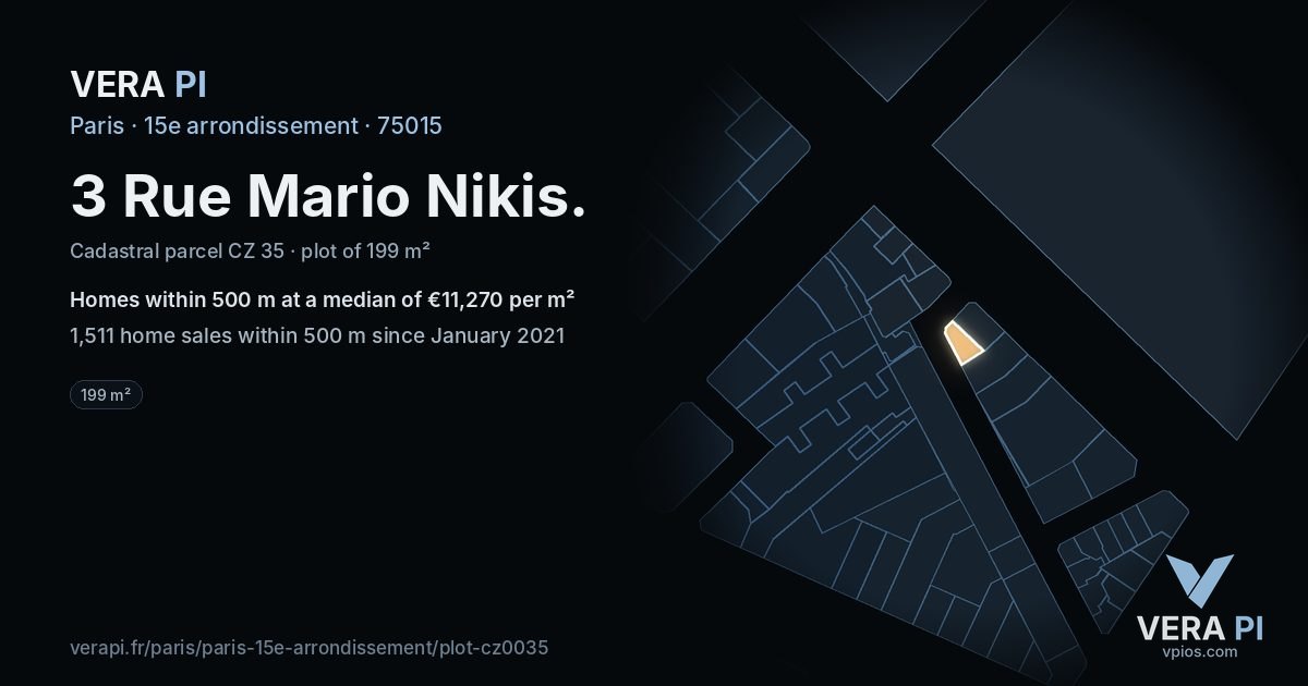 3 Rue Mario Nikis, 15e arrondissement at night – the plot lit, the parcels around coloured by the prices near them