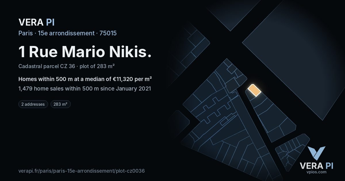 1 Rue Mario Nikis, 15e arrondissement at night – the plot lit, the parcels around coloured by the prices near them