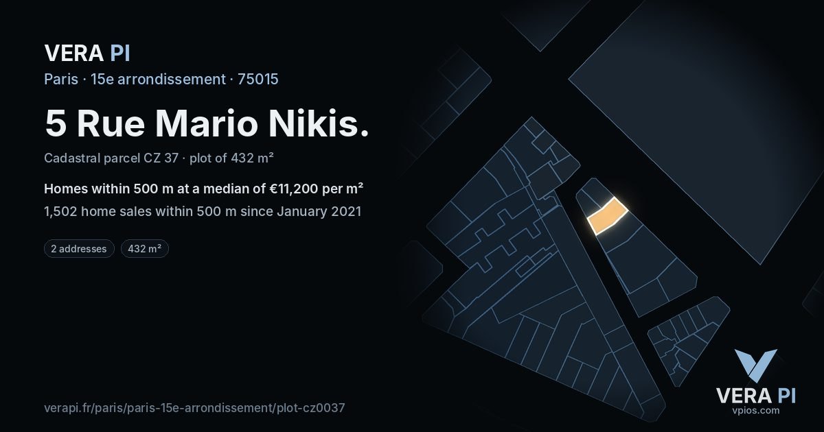5 Rue Mario Nikis, 15e arrondissement at night – the plot lit, the parcels around coloured by the prices near them