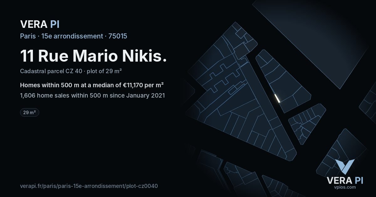 11 Rue Mario Nikis, 15e arrondissement at night – the plot lit, the parcels around coloured by the prices near them