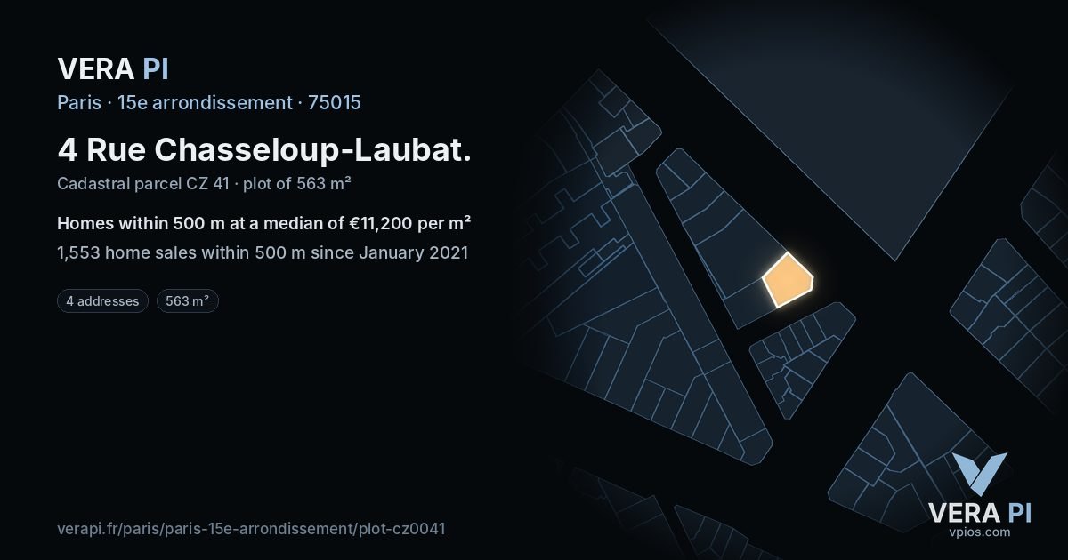 4 Rue Chasseloup-Laubat, 15e arrondissement at night – the plot lit, the parcels around coloured by the prices near them