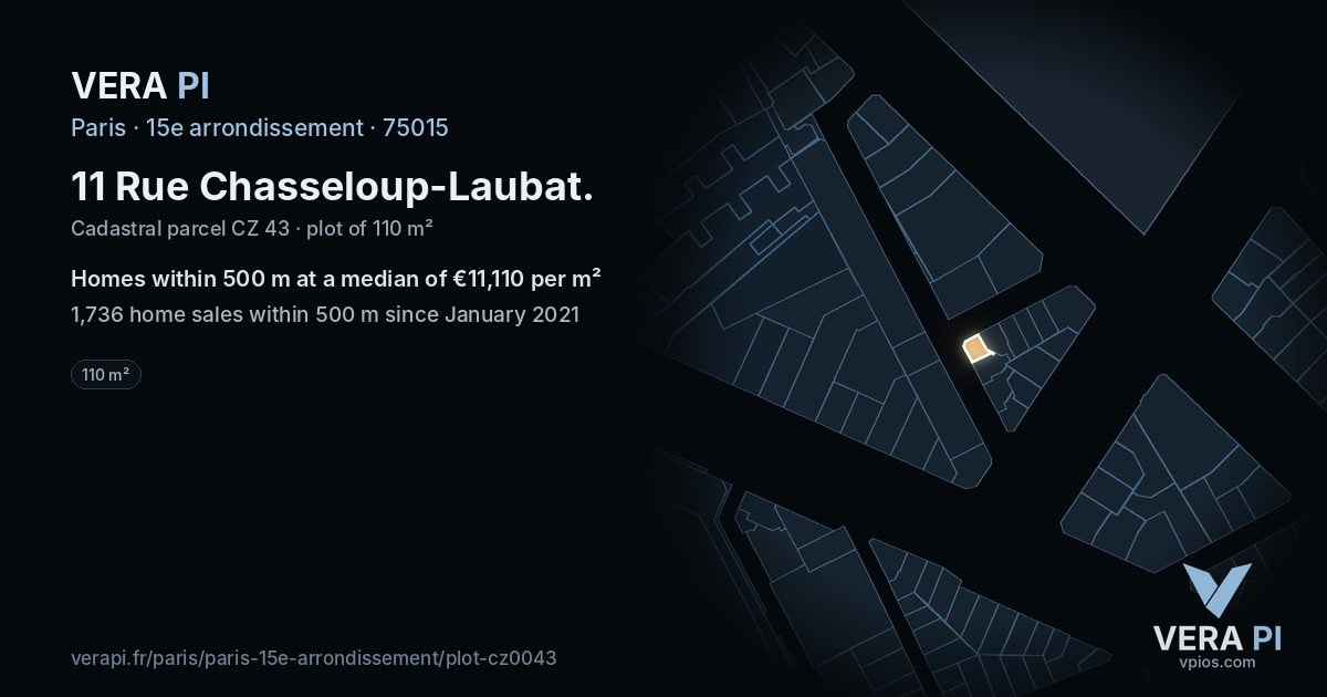 11 Rue Chasseloup-Laubat, 15e arrondissement at night – the plot lit, the parcels around coloured by the prices near them