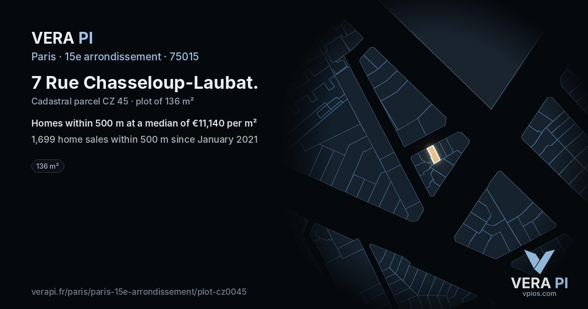 7 Rue Chasseloup-Laubat, 15e arrondissement at night – the plot lit, the parcels around coloured by the prices near them