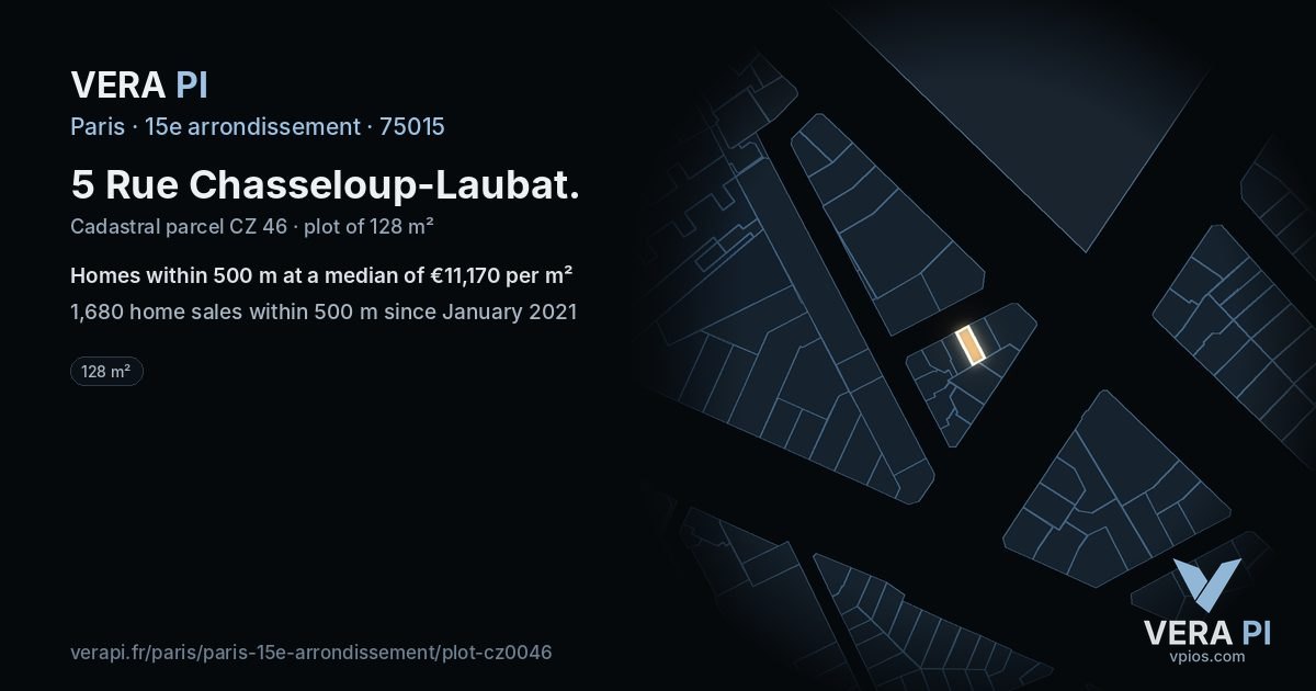 5 Rue Chasseloup-Laubat, 15e arrondissement at night – the plot lit, the parcels around coloured by the prices near them