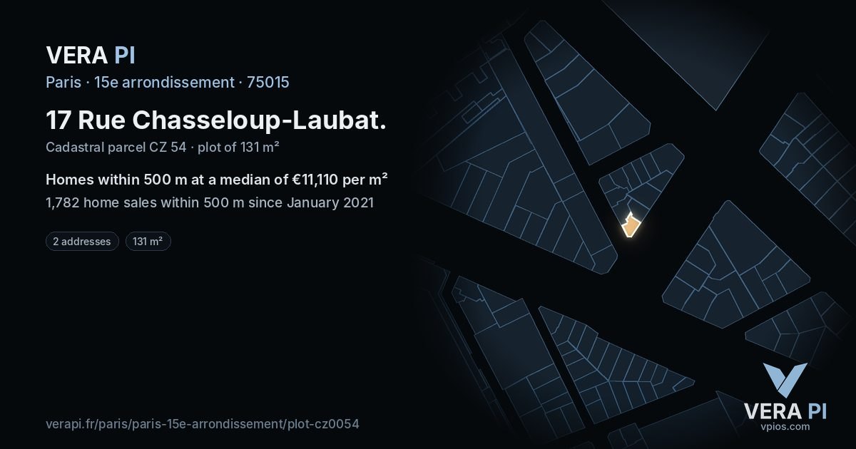 17 Rue Chasseloup-Laubat, 15e arrondissement at night – the plot lit, the parcels around coloured by the prices near them