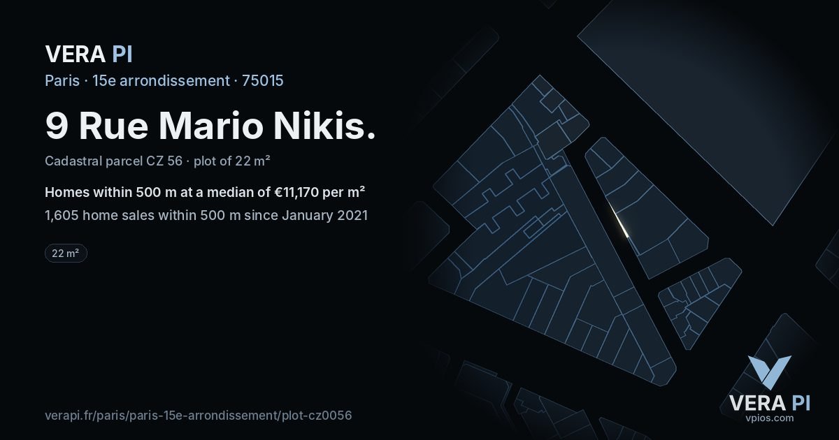 9 Rue Mario Nikis, 15e arrondissement at night – the plot lit, the parcels around coloured by the prices near them