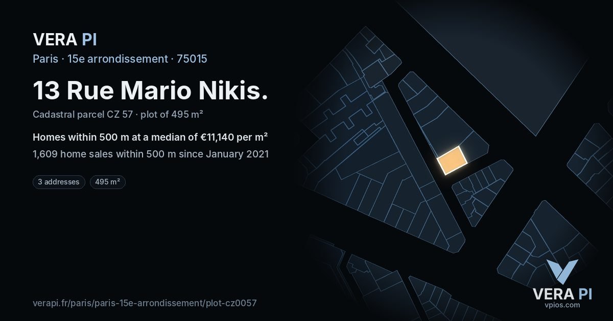 13 Rue Mario Nikis, 15e arrondissement at night – the plot lit, the parcels around coloured by the prices near them