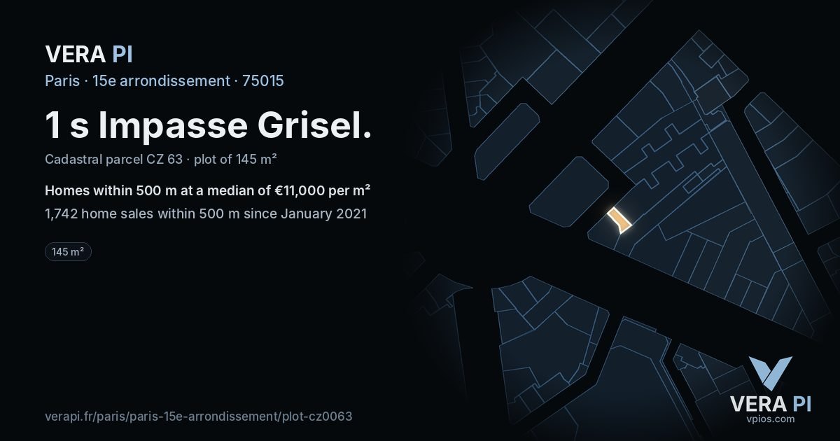 1 s Impasse Grisel, 15e arrondissement at night – the plot lit, the parcels around coloured by the prices near them