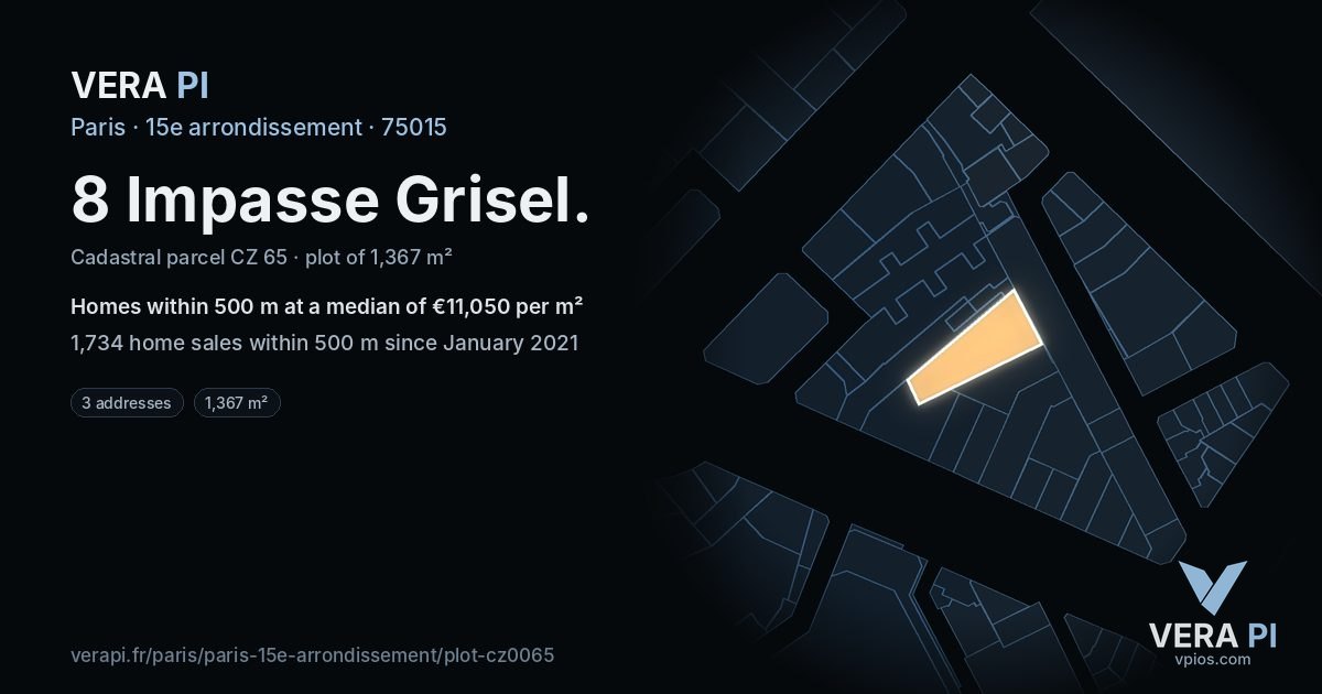 8 Impasse Grisel, 15e arrondissement at night – the plot lit, the parcels around coloured by the prices near them
