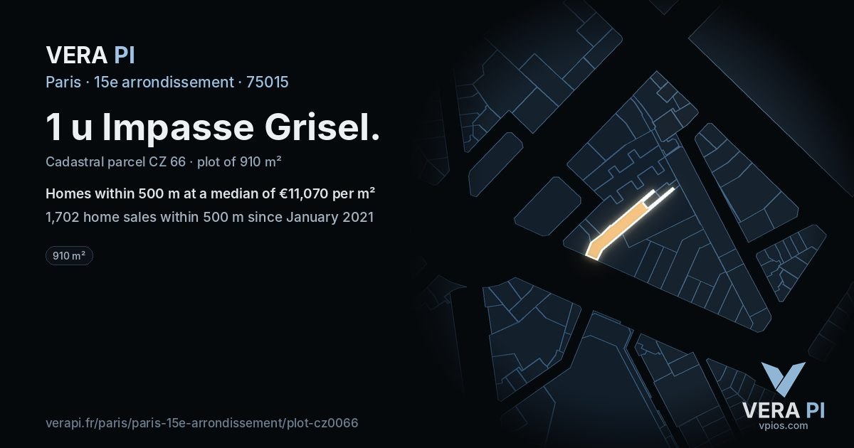 1 u Impasse Grisel, 15e arrondissement at night – the plot lit, the parcels around coloured by the prices near them